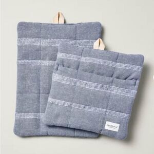 2pc Textured Stripe Potholder Set Blue - Hearth & Hand™ with Magnolia